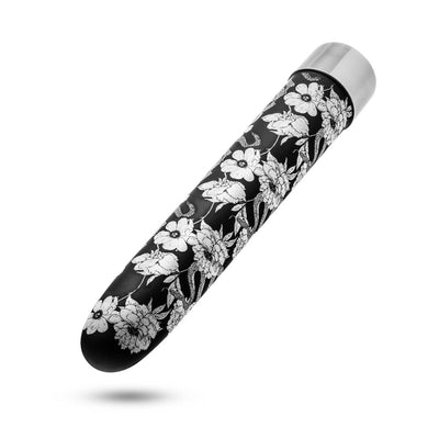 Black 7-inch vibrator with white floral and snake pattern and silver metallic base, sleek and slim design.