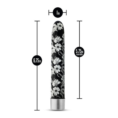 Black slim vibrator with white floral and snake pattern, measuring 6.75 inches long and 1 inch wide, with 5.75 inches insertable length.