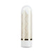 Compact white bullet vibrator with gold geometric diamond pattern and gold accent band at the base.