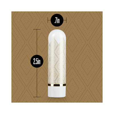 Compact white and gold bullet vibrator with decorative geometric pattern, measuring 2.5 inches long and 0.7 inches wide.