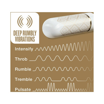 Close-up of The Collection Glitzy Deco Gold bullet vibrator with decorative gold pattern and vibration mode descriptions on a gold background.