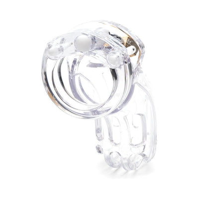 Clear medical-grade polycarbonate male chastity device with vented cage and locking mechanism.