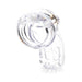 Clear medical-grade polycarbonate male chastity device with vented cage and locking mechanism.