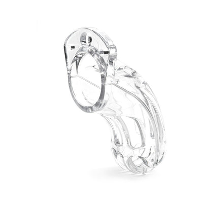 Clear medical-grade polycarbonate male chastity device with vented cage and locking ring design.