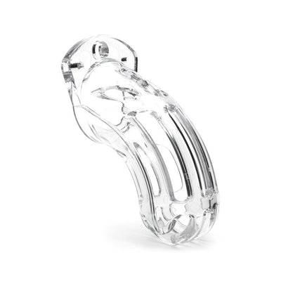 Clear medical-grade polycarbonate male chastity device with ventilation slots and ergonomic design.