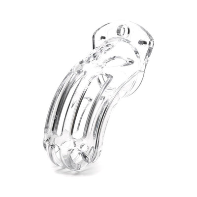 Clear medical-grade polycarbonate male chastity device with vented cage design for comfort and hygiene.
