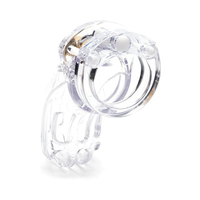 Clear medical-grade polycarbonate male chastity device with interconnected rings and locking mechanism.