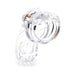 Clear medical-grade polycarbonate male chastity device with interconnected rings and locking mechanism.