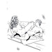 Line art illustration of two nude women reclining intimately on a couch, part of an adult coloring book page.