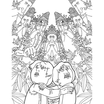 Black and white parody coloring page featuring two anxious characters surrounded by tall, bearded tree-like figures and large leaves.