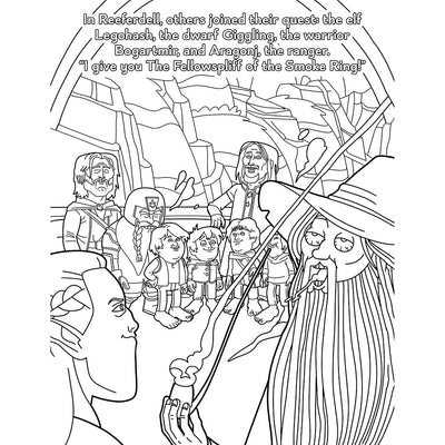 Black and white parody coloring page featuring fantasy characters with a wizard holding a smoking pipe and a group of adventurers in a cave setting.