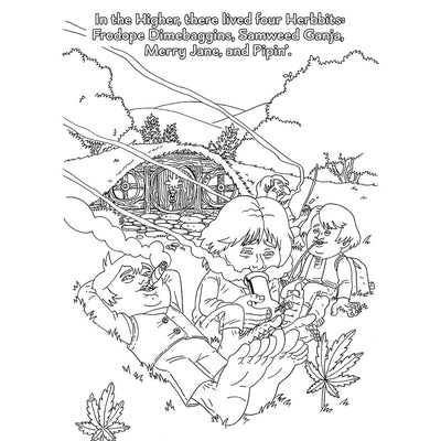 Black and white coloring book page showing four hobbit-like characters relaxing and smoking outside a grassy hobbit hole with cannabis leaves nearby.