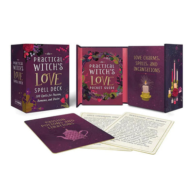 The Practical Witch’s Love Spell Deck with illustrated box, pocket guide, and sample spell cards featuring love charms and potions.