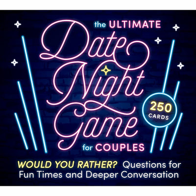 Neon-style text reading The Ultimate Date Night Game for Couples with 250 cards and Would You Rather questions for fun and deeper conversation.