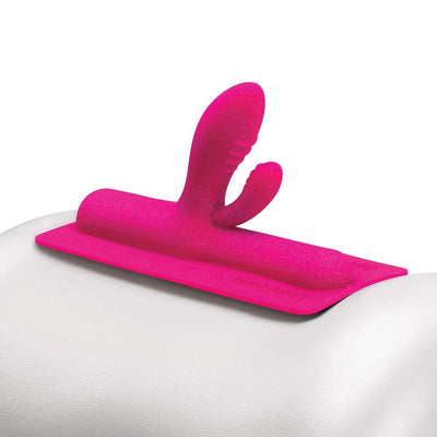 Bright pink silicone dual-stimulation attachment with textured bulbous tips designed for The Unicorn and The Cowgirl machines.