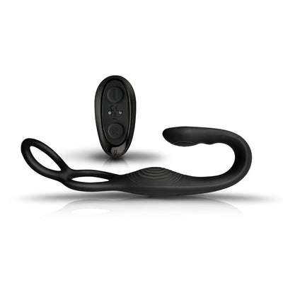 Black flexible male strap and anal stimulator with remote control on white background