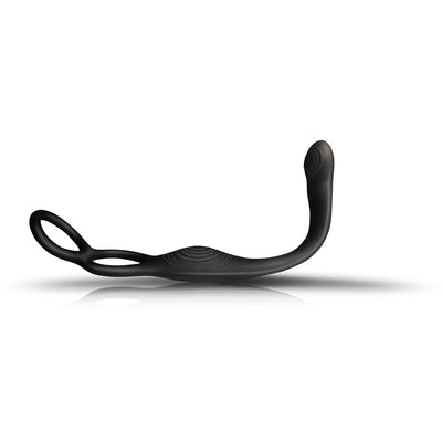 Black flexible male strap and anal stimulator with dual rings and curved shaft for targeted pleasure.