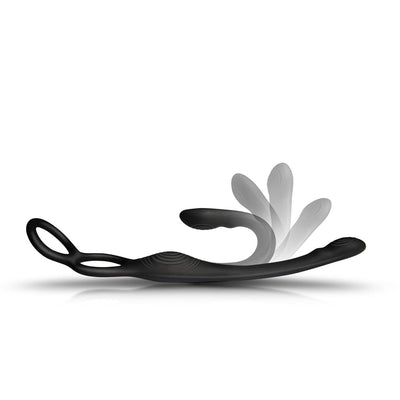 Flexible black male strap and anal stimulator with adjustable curved shaft and dual rings for secure fit.