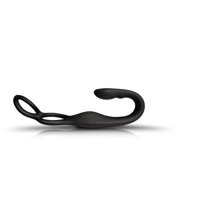 Black flexible multi-function male strap and anal stimulator with ergonomic design and dual loops for secure fit.