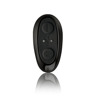 Black oval remote control with two buttons for The-vibe male strap and anal stimulator, sleek design with reflective surface.