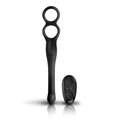 Black flexible dual-ring male strap and anal stimulator with remote control on white background