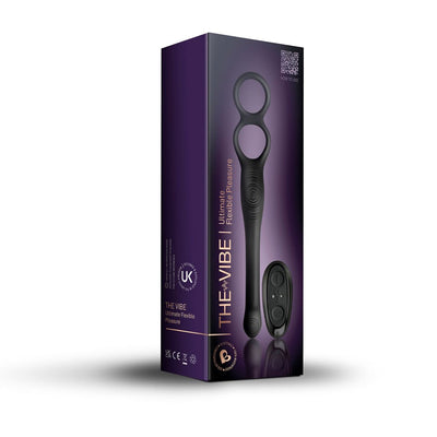 Packaging box of The-vibe Black/silver flexible male strap and anal stimulator with remote control shown on front.