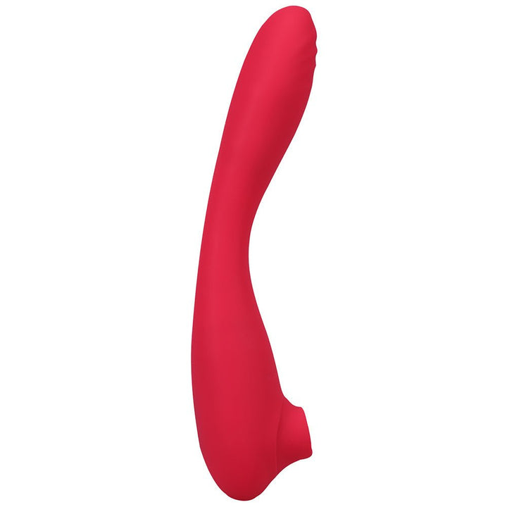 Red bendable dual-ended silicone stimulator with vibrating and suction functions, designed for clitoral and G-spot use.