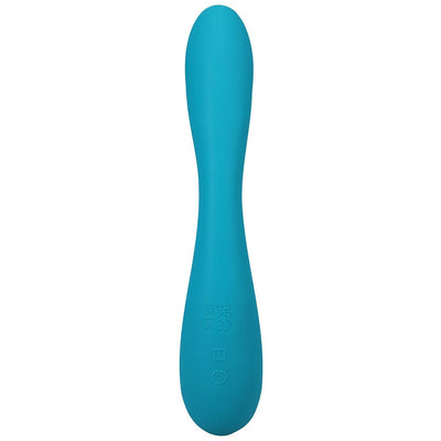 Blue rechargeable dual-ended silicone stimulator with smooth curved design and control buttons on the handle.