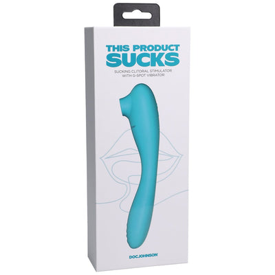 Blue bendable dual-ended silicone clitoral stimulator and G-spot vibrator in white retail packaging.