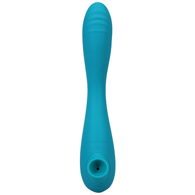Blue dual-ended silicone clitoral stimulator and G-spot vibrator with suction feature and textured tip.