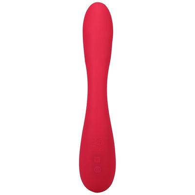 Red dual-ended silicone stimulator with smooth and ridged textures, designed for versatile arousal and USB rechargeable.