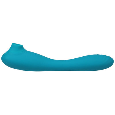 Blue bendable dual-ended silicone clitoral stimulator and G-spot vibrator with suction feature.