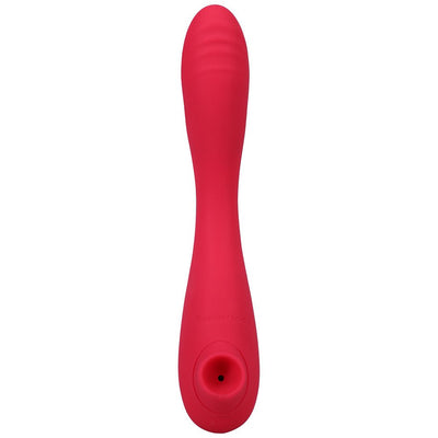 Red dual-ended silicone stimulator with a curved shaft, ridged vibrating tip, and suction feature on the opposite end.
