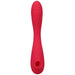 Red dual-ended silicone stimulator with a curved shaft, ridged vibrating tip, and suction feature on the opposite end.