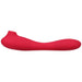 Red rechargeable silicone dual-ended stimulator with bendable shaft and textured vibrating end.