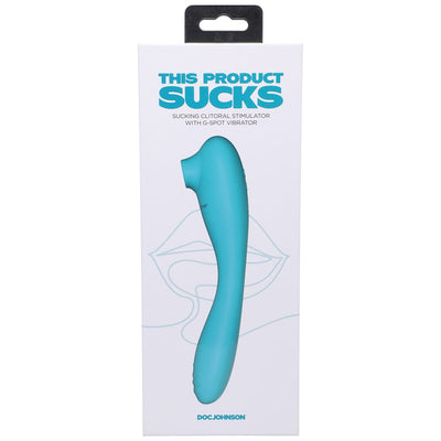 Blue silicone dual-ended clitoral stimulator and G-spot vibrator in white retail packaging with product name and brand.