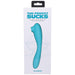 Blue silicone dual-ended clitoral stimulator and G-spot vibrator in white retail packaging with product name and brand.