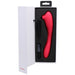 Red dual-ended silicone clitoral and G-spot stimulator in black foam packaging inside a white box.