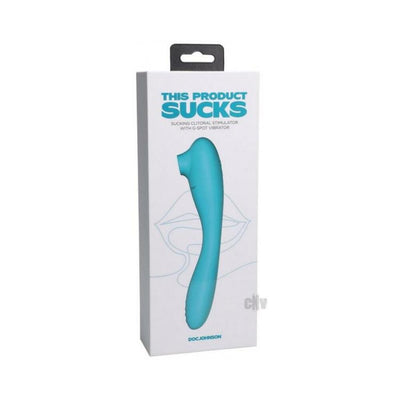 Packaging of a turquoise bendable dual-ended silicone clitoral stimulator and G-spot vibrator by Doc Johnson.