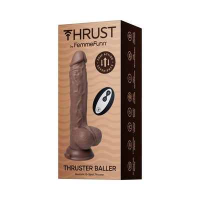 Packaging of the Thruster Baller realistic G-Spot thrusting dildo with wireless remote control shown.