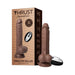Realistic brown thrusting dildo with suction base and wireless remote next to its THRUST by FemmeFunn packaging box.