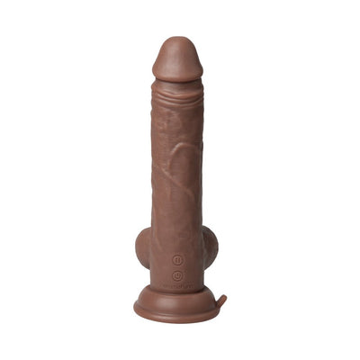 Realistic brown thrusting dildo with suction base and control buttons on the shaft, designed for hands-free use.