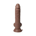 Realistic brown thrusting dildo with suction base and control buttons on the shaft, designed for hands-free use.