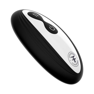 Black and white wireless remote control with power and thrust adjustment buttons for intimate device.