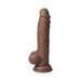 Realistic brown thrusting dildo with suction base and detailed texture, designed for hands-free use.