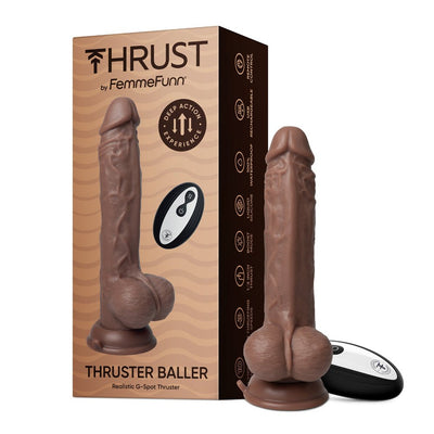 Realistic brown thrusting dildo with suction base and wireless remote, displayed next to its THRUST by FemmeFunn packaging box.