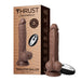 Realistic brown thrusting dildo with suction base and wireless remote, displayed next to its THRUST by FemmeFunn packaging box.