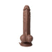 Realistic brown thrusting dildo with suction base and detailed texture, designed for versatile hands-free use.