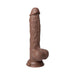 Realistic brown thrusting dildo with suction base and detailed texture, standing upright on white background.