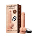 Realistic flesh-toned thrusting dildo with suction base and wireless remote next to its branded packaging box.